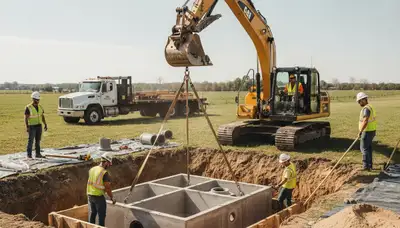 Septic tank installation crew working in Norton, MA for a home plumbing service project