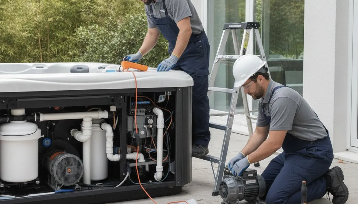 Spa repair technician servicing a spa in Norton, MA for jet clogs and heating issues