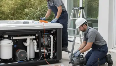 Spa repair technician servicing a spa in Norton, MA for jet clogs and heating issues